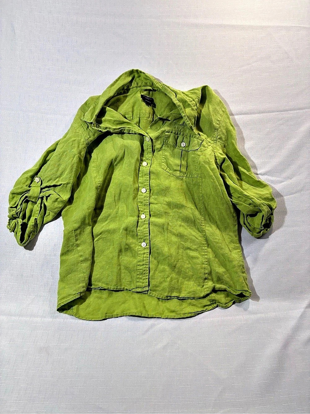 Talbots Pure Irish Linen Roll-Tab Sleeve Button-Up Shirt Green Shirt